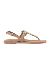 Braune flache Sandalen mit einem dekorativen Perlenriemen, einstellbarem Knöchelverschluss und einer weichen, strukturierten Fußbett für hohen Komfort.