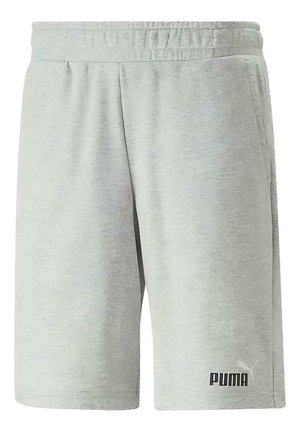 Bermudas deportivas de color gris claro, hechas de un material suave, con una cinturilla elástica y bolsillos laterales. Logo de "PUMA" en negro en la parte inferior de la pierna.
