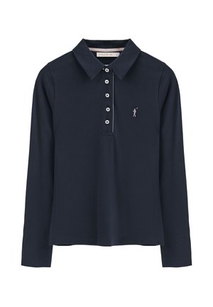 Marineblaues Langarm-Poloshirt aus Baumwolle mit Kragen, fünf Knöpfen und einem kleinen, gestickten Golfer-Logo auf der Brust.