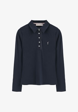 Marineblauw poloshirt met lange mouwen, gemaakt van katoen, met een kraag, een ritssluiting met vijf knopen en een klein geborduurd golferlogo op de borst.