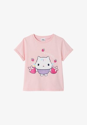 Light pink toddler shirt with a cupcake-cat character, strawberries, and the text "P'TICHOU" on the front.