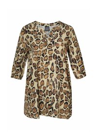 Majica s uzorkom leoparda u bež i smeđoj boji, sa V-izrezom, rukavima do tri četvrtine i slobodnim krojem. Glatka tekstura.