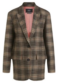 Brązowa krata marynarka z klapą z wycięciem, dwoma przednimi kieszeniami i dwoma guzikami. Podszewka w kolorze różowym, o dopasowanym kroju i uporządkowanej konstrukcji.