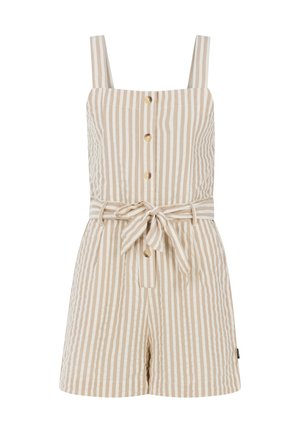 Gestreepte beige romper met vierkante banden, knoopsluiting aan de voorkant en een strik taille. Gemaakt van lichte stof met een gestructureerde afwerking.