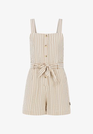 Gestreepte beige romper met vierkante banden, knoopsluiting aan de voorkant en een strik taille. Gemaakt van lichte stof met een gestructureerde afwerking.