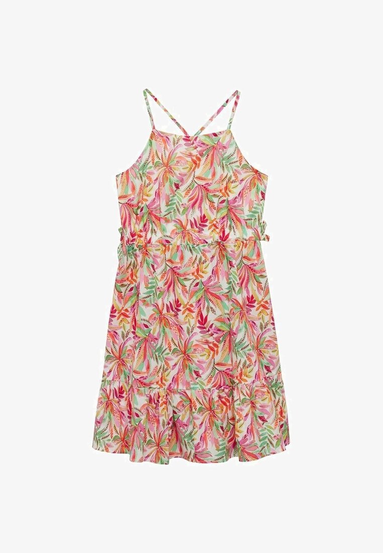 Robe sans manches avec fines bretelles croisées, avec un motif coloré de feuilles tropicales en rose, orange, vert et jaune.