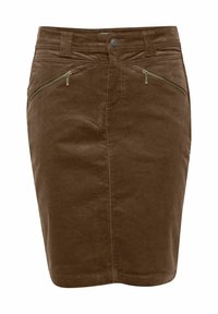 Jupe en velours côtelé marron au design ajusté, dotée de deux poches zippées à l'avant et d'une texture lisse, se terminant au-dessus du genou.