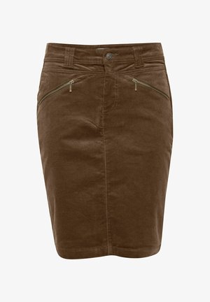 Kohvashallist korduroost seeliku, mis on voodi disainiga, millel on kaks ees olevat lukuga taskut ja sujuv tekstuur, mis ulatub üle põlve.