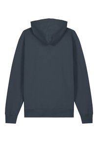 Donkergrijze hoodie met een kangoeroezak, lange mouwen en een trekkoordcapuchon. Zachte textuur met ribgebreide boorden en onderrand. Achteraanzicht.