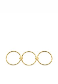 Goudkleurige metalen schakelketting met drie ronde ringen, in het midden samengevoegd, met een gladde, glanzende afwerking.