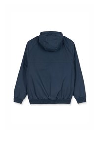 Veste à capuche bleu marine avec poignets et taille élastiques, vue de dos sur fond blanc.