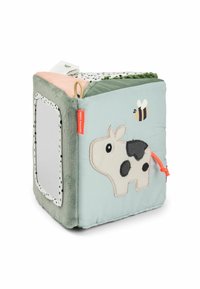 Pehmead kangast kuubikutooted, millel on lehma ja mesilase kujundus, peegli ja erksate aktsentidega roheline, roosa ja mündi värvides. Tekstuuriga küljed.