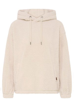 Kremkrāsas flīsa kapuce ar mīkstu, teksturētu virsmu, regulējamiem aukliņām un priekšējām kabatām. Brīvi piegulstoša ar ribotām piedurknēm.