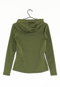 Olivgrüner Hoodie mit langen Ärmeln, strukturiertem Stoff, gerippten Akzenten und einem abgerundeten Saum. Verfügt über eine doppellagige Kapuze und flache Nähte.