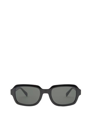 Schwarze Sonnenbrille mit rechteckigen Gläsern und einem dicken Rahmen. Verfügt über eine glänzende Oberfläche und gerade Bügel, die ein modernes, geometrisches Design bieten.