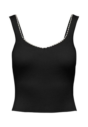 Top tank ribbed nero con scollatura a barca decorata con una fila di piccole perle bianche lungo il bordo. Silhouette aderente.