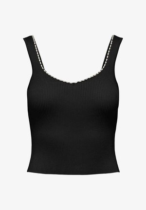 Black ribbed tank top featuring a scoop neckline accented with a row of small white beads along the edge. Fitted silhouette.