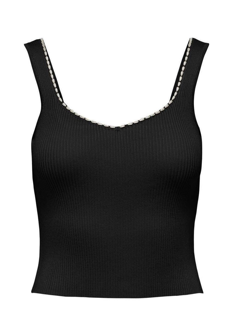Top tank ribbed nero con scollatura a barca decorata con una fila di piccole perle bianche lungo il bordo. Silhouette aderente.
