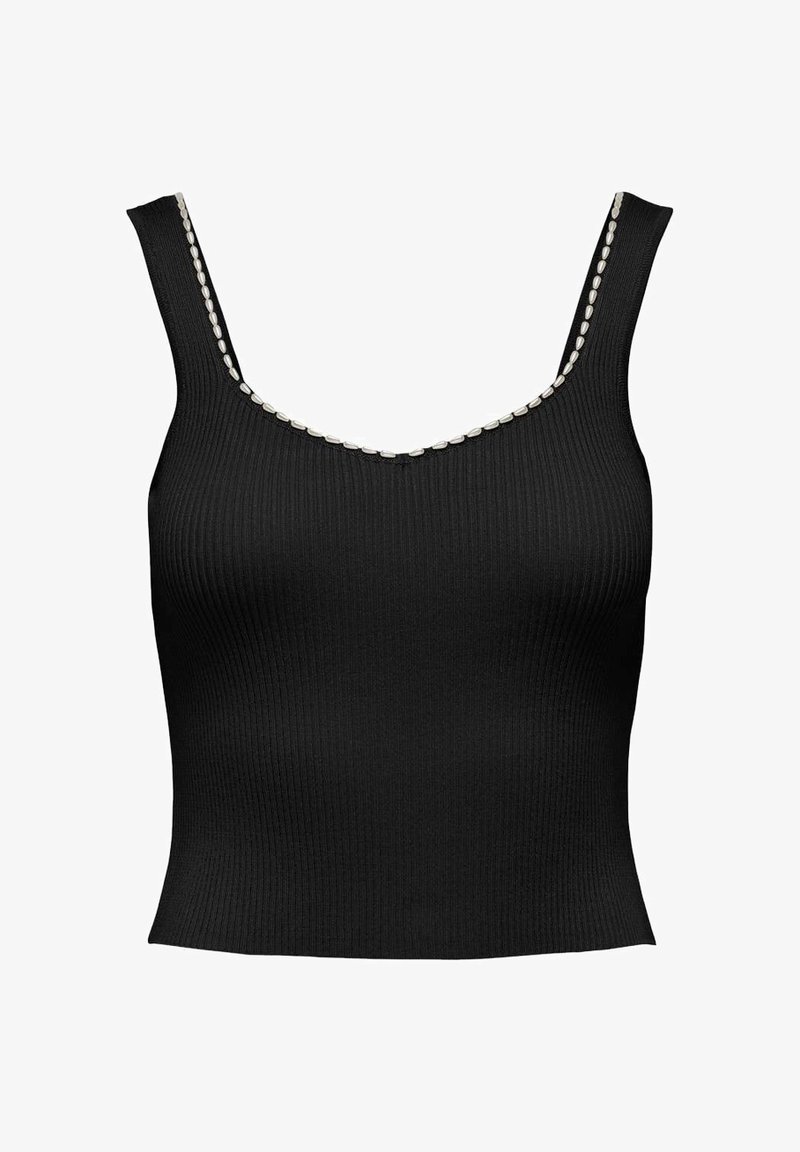 Top tank ribbed nero con scollatura a barca decorata con una fila di piccole perle bianche lungo il bordo. Silhouette aderente.