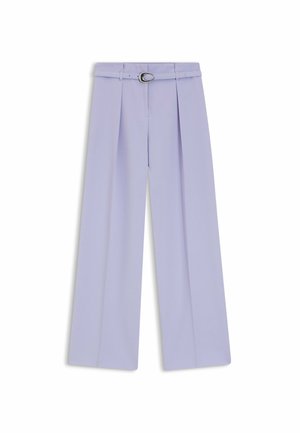 Light lavender wide-leg trousers featuring a high waist, subtle pleats, and a matching belt with a silver buckle detail.