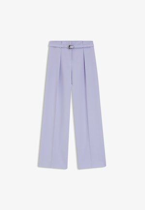 Light lavender wide-leg trousers featuring a high waist, subtle pleats, and a matching belt with a silver buckle detail.