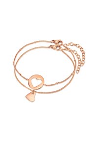 Bracciale in oro rosa con due catene, caratterizzato da una grande forma a cuore e un piccolo charm a forma di cuore. Maglie testurizzate e design con chiusura regolabile.