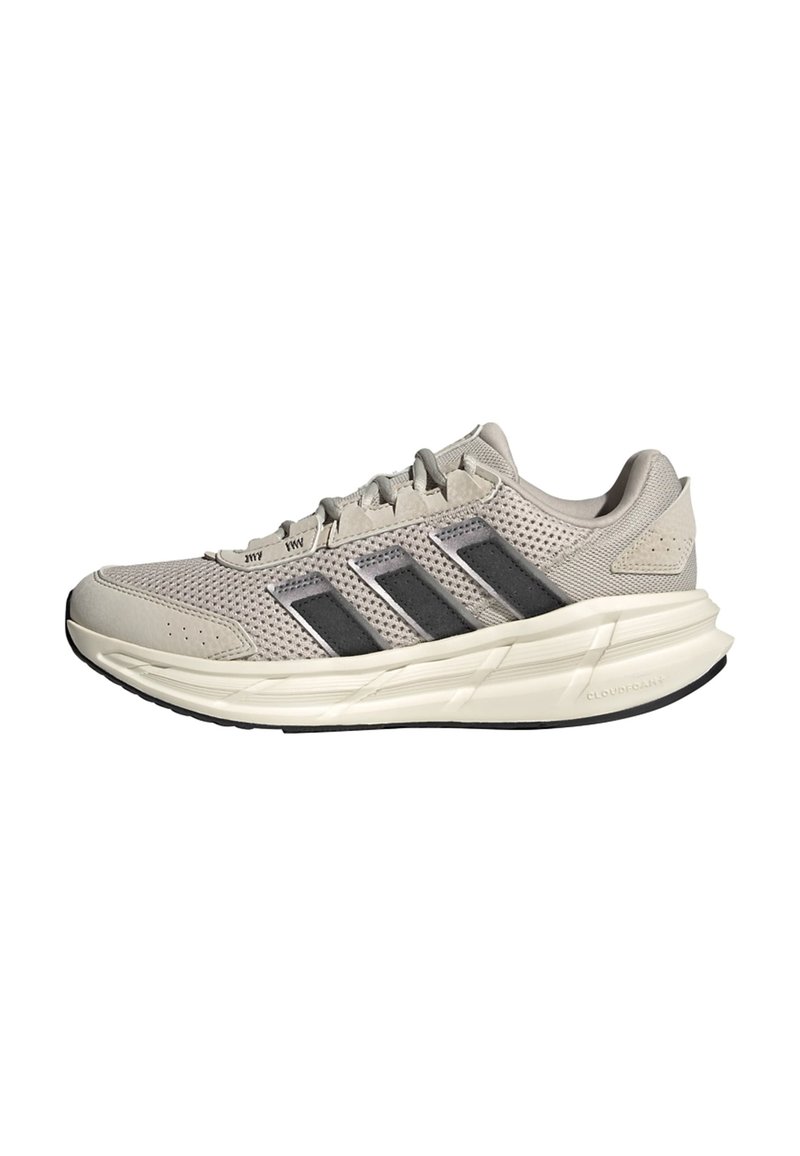 Light grey athletic shoes with mesh upper, dark grey accents, and Cloudfoam sole for cushioning. Features three black side stripes.