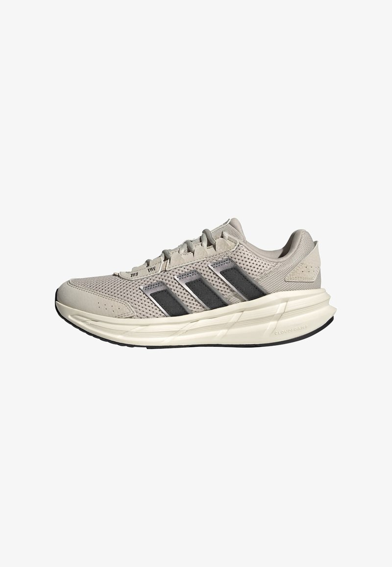 Light grey athletic shoes with mesh upper, dark grey accents, and Cloudfoam sole for cushioning. Features three black side stripes.