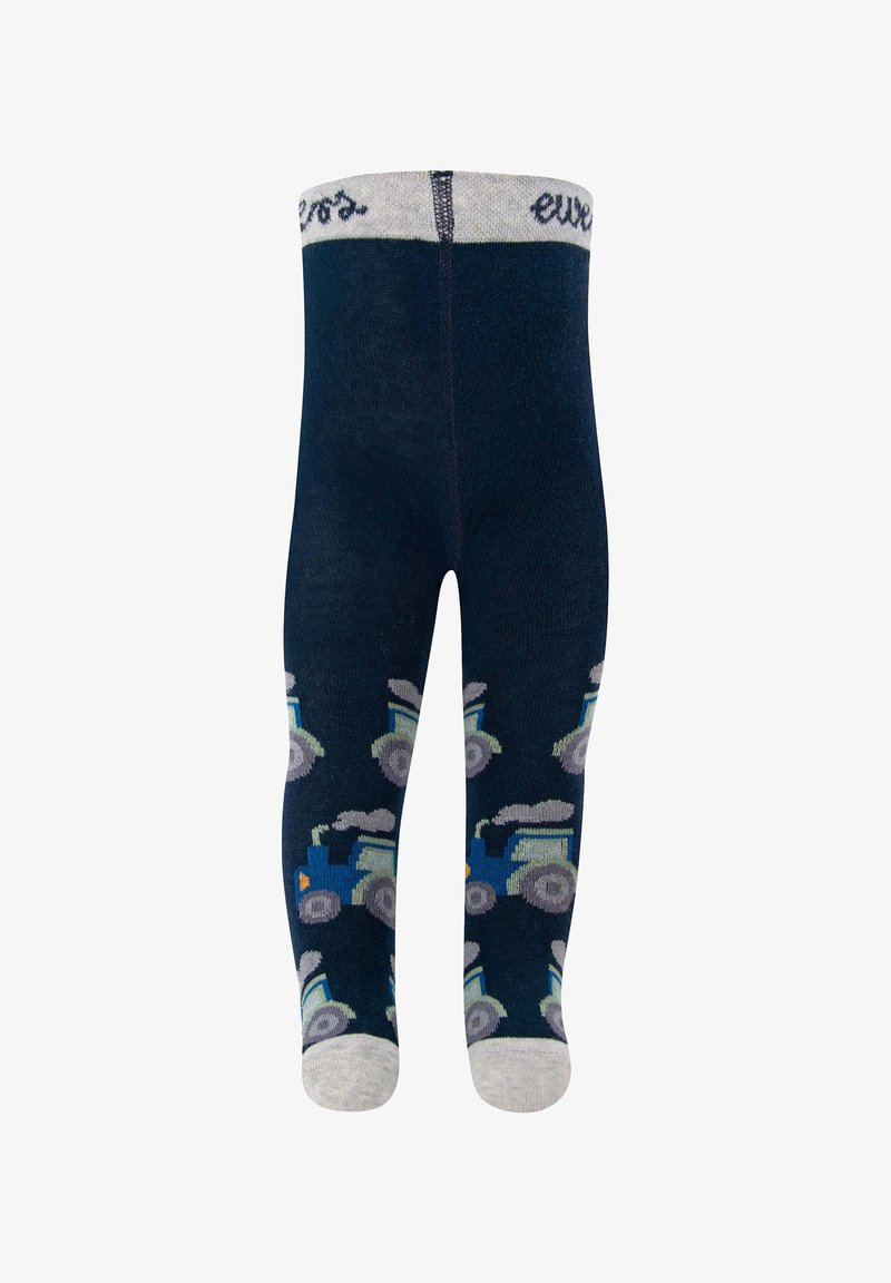 Granatowe legginsy z wzorem traktorów w jasnym niebieskim i szarym kolorze. Posiadają szary pasek w talii z napisem "eves". Miękka faktura.