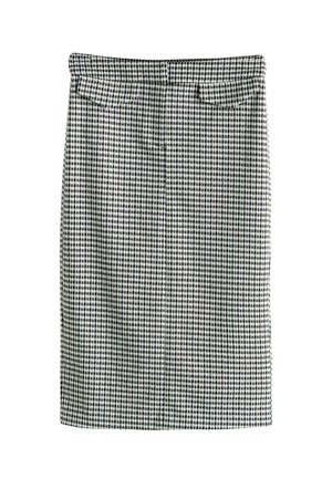 Pencilrok met pied-de-poule patroon in zwart en wit, met een rechte snit, taillezakken en een gladde stoftextuur.