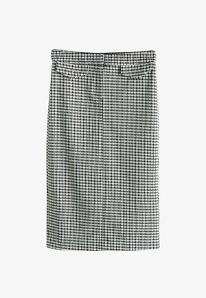 Jupe crayon à motif pied-de-poule en noir et blanc, présentant une coupe droite, des poches à la taille, et une texture de tissu lisse.