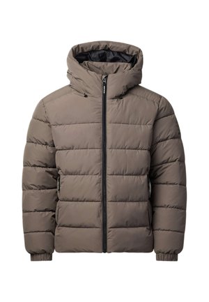 Braune gesteppte Daunenjacke mit Frontreißverschluss, hohem Stehkragen, angenähter Kapuze, elastischen Bündchen und seitlichen Reißverschlusstaschen.
