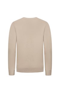 Beige sweatshirt met lange mouwen en een ronde hals. Gladde textuur en ribgebreide manchetten en zoom. Geen zichtbare logo's of patronen.