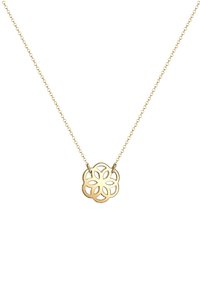 Guldmetal halskæde med en blomstformet vedh�æng med udskårne designs. Kæden er delikat og fint linket, hvilket giver en subtil glans.