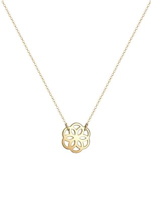 Guldmetal halskæde med en blomstformet vedhæng med udskårne designs. Kæden er delikat og fint linket, hvilket giver en subtil glans.