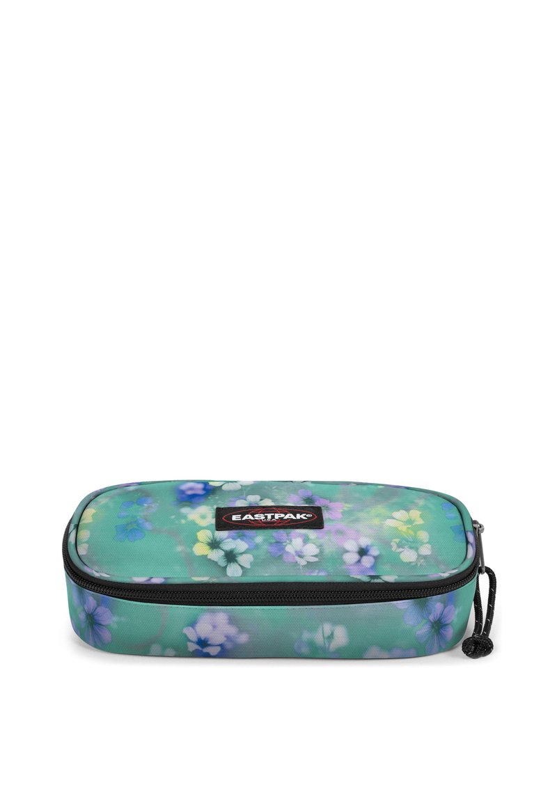 Astuccio floreale realizzato in un materiale verde traslucido, con cerniera nera, bordi arrotondati e un motivo floreale vario in tonalità blu e viola.