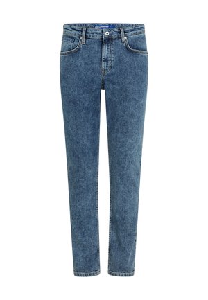 Modré džínsy z denimu so strihom rovného nohu, s gombíkovým zapínaním, piatimi vreckami a jemnou vyblednutou textúrou po celom povrchu.