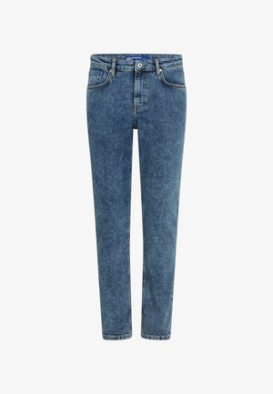 Blaue Jeans aus Denim mit geradem Bein, ausgestattet mit einem Knopfverschluss, im Fünf-Taschen-Stil und mit dezenten, durchgehenden Ausbleichungen.