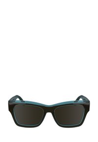 Ochelari de soare negri cu un finisaj lucios, având un cadru transparent de culoare albastru deschis și lentile rectangulare. Marginile accentuate și templele aerodinamice.