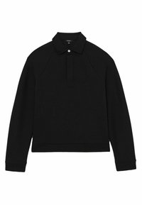 Czarna bluza polo, wykonana z miękkiego materiału, z kołnierzykiem zapinanym na guzik i długim rękawem raglanowym, z wykończonymi mankietami.