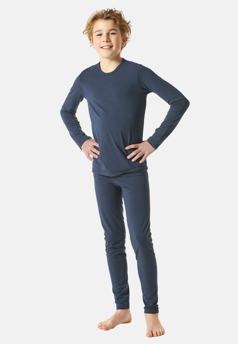 Navy blue long-sleeve top and fitted pants made of soft fabric. Simple design with a round neckline and no visible patterns or hardware.