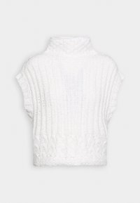 Bílý pletený crop top s vysokým límcem, svislou žebrovanou strukturou a krátkými rukávy s kabelovým pleteným detailem na lemu.