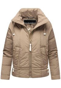 Beige pufferjack met een hoge kraag, ritssluiting, elastische manchetten, twee zijzakken en verstelbare trekkoorden. Gladde, licht glanzende stof.