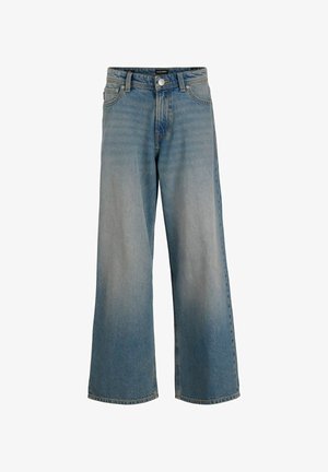 Heledad sinised laiad püksid, valmistatud denimist, koos pleekinud viimistlusega, nupuluku, esi taskute ja sirge lõikega.