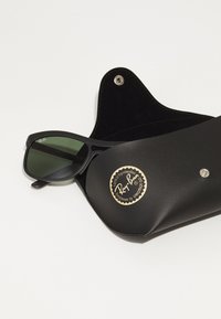 Ochelari de soare negri Ray-Ban cu lentile de un verde închis, însoțiți de o husă din piele neagră cu un logo auriu și accesorii metalice argintii.