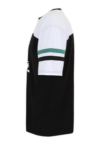 Kortärmad T-shirt med svart kropp, vita ärmar och gröna och svarta ränder. Tillverkad av bomull med en vanlig passform och rund hals.