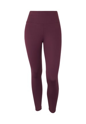 Leggings bordeaux realizzati in tessuto elastico con una vita alta, caratterizzati da una texture liscia e una silhouette aderente. Nessun motivo o accento visibile.