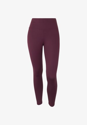 Leggings bordeaux realizzati in tessuto elastico con una vita alta, caratterizzati da una texture liscia e una silhouette aderente. Nessun motivo o accento visibile.