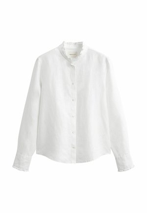 Wit overhemd met lange mouwen, knoopsluiting, rufflekraag en manchetten, gemaakt van lichtgewicht stof, plat uitgestald op een witte achtergrond.