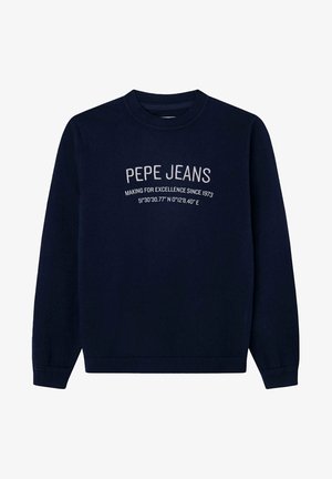 Granatowy sweter z dzianiny, z okrągłym dekoltem i długimi rękawami. Z przodu napis z logo oraz współrzędnymi geograficznymi.